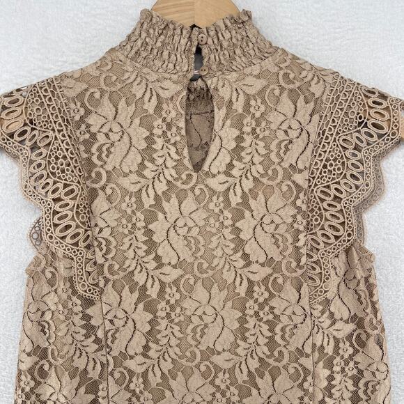 CABLE & GAUGE Tank Top XS Floral Lace Overlay Blouse Mock Neck Brown NEW - Picture 4 of 12